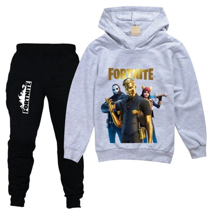 "¡Prepárate para la Aventura! Conjunto de Sudadera con Capucha y Pantalones Fortnite para Niños: Estilo Épico para Chicos en Primavera y Otoño."