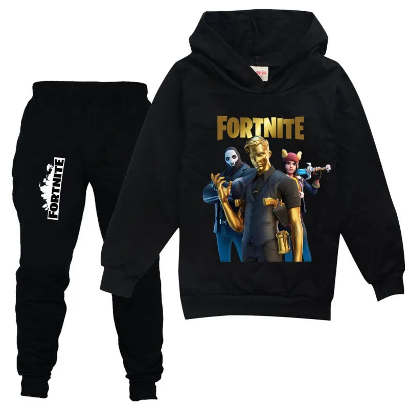 "¡Prepárate para la Aventura! Conjunto de Sudadera con Capucha y Pantalones Fortnite para Niños: Estilo Épico para Chicos en Primavera y Otoño."